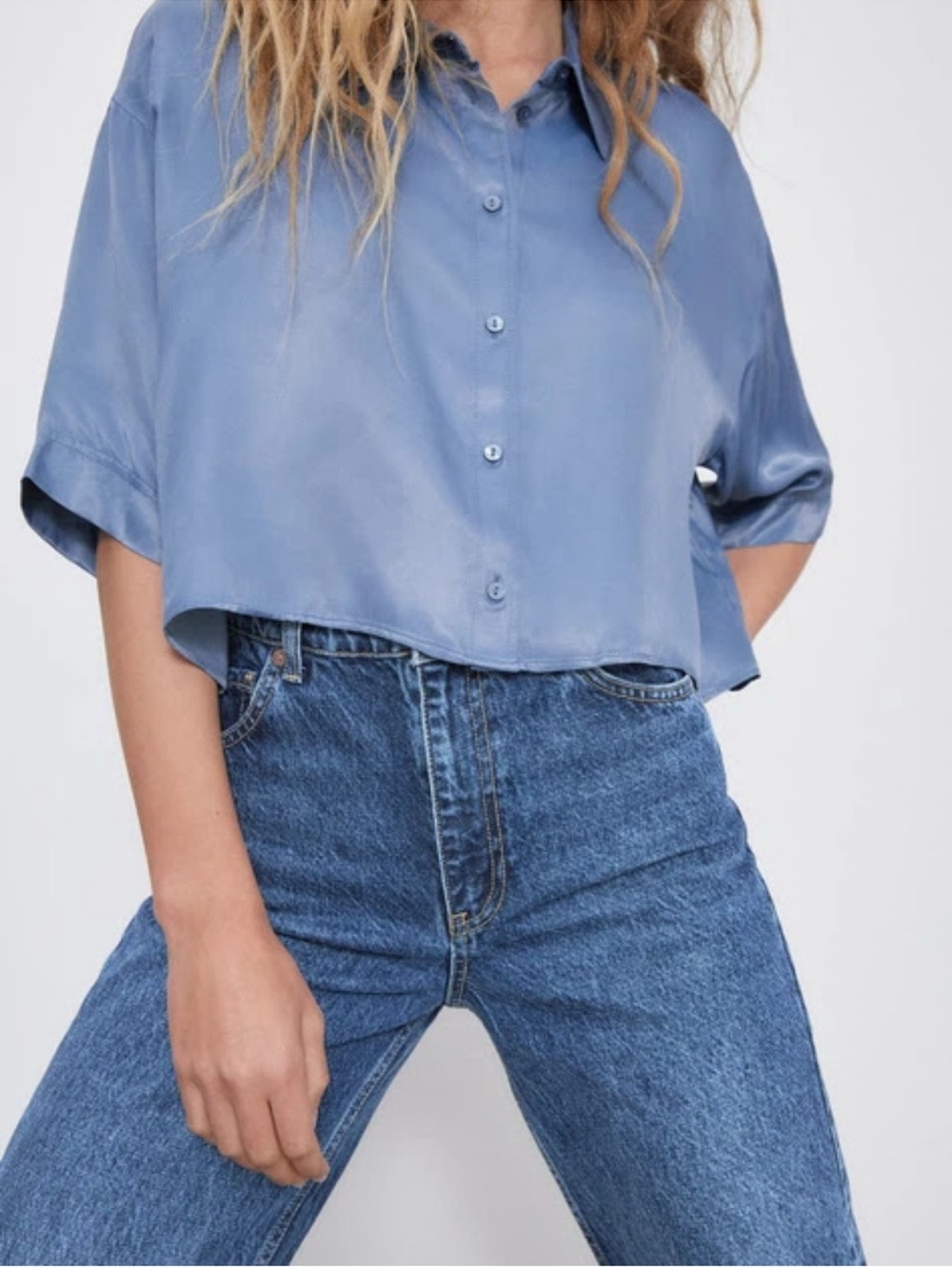 Zara Light Blue Satin Button-Front Crop Shirt
